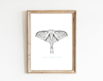 Indian Moon Moth Fine Line Art Print Ilustración Blanco y negro minimalista pared arte decoración cartel monocromo arte impresión pared arte impresiones