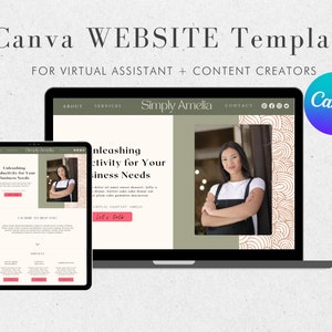 May include: A website template for virtual assistants and content creators. The template features a green and white color scheme with a photo of a woman in a black shirt and a brown background. The text "Simply Amelia" is displayed in a white font on a green background. The text "Unleashing Productivity for Your Business Needs" is displayed in a black font on a white background. The text "Let's Talk" is displayed in a white font on a pink background.