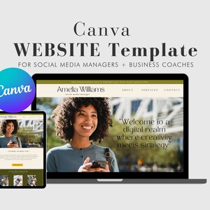Könnte beinhalten: Ein Laptop- und Tablet-Mockup, das eine Website-Vorlage für Social-Media-Manager und Business-Coaches zeigt. Die Website hat ein grün-weißes Farbschema und ein Foto einer lächelnden Frau, die ein Telefon hält. Der Text auf der Website lautet: "Willkommen in einem digitalen Reich, in dem Kreativität auf Strategie trifft."