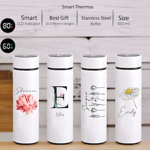Botella SMART con aislamiento de doble pared de 15 oz, botella portátil de acero inoxidable para té o café con nombre, termo reutilizable para café, taza de viaje personalizada