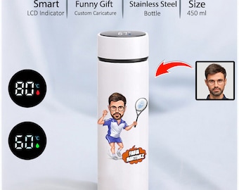 Tennis Cartoon 15oz Drink Bottle, Funny Tennis Player Gifts for Men, Tennis Caricature Water Bottle, Tennis Coffee Tumbler Gift, Travel Mug