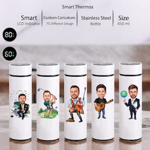 Personalizowany, karykaturalny nadruk Smart Thermos dla mężczyzn, spersonalizowane kubki na Dzień Ojca, zabawny prezent dla niego - taty - męża - chłopaka