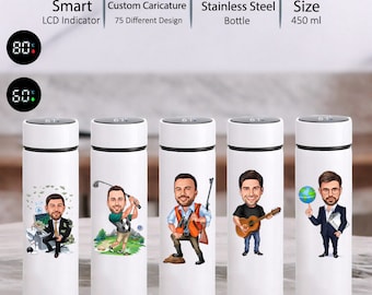 Custom Caricature Printed Smart Thermos for Men, Personalized Tumblers for Fathers Day, Funny Gift for Him - Dad - Husband - Boyfriend
