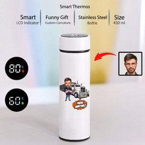 Truck Driver Cartoon 15oz Water Bottle, Funny Trucker Gift, Trucker Caricature Insulated Coffee Bottle, Truck Driver Tumbler, Travel Mug
