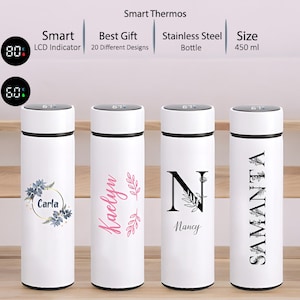 Botella inteligente de acero inoxidable personalizada con pantalla LED de temperatura: termo personalizado, botella de café con aislamiento, taza de viaje con nombre