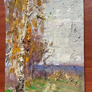 Pintura a óleo "Bétula", pintada sobre papelão, tamanho 30 x 21 cm, Ucrânia, 2021, Klishyna Yuliia (1989).