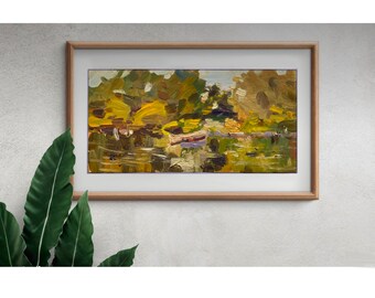 An oil painting on primed cardboard depicting a lake in the small village in Ukraine.