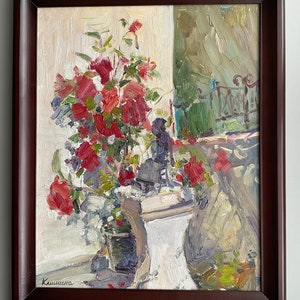 Un hermoso cuadro con pinturas al óleo sobre cartón, decorado en un marco de madera llamado "Rosal en primavera".