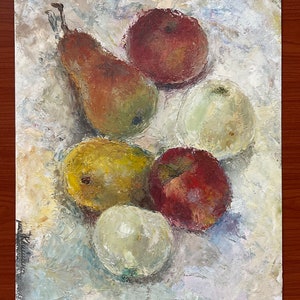 Pintura "Frutas", tintas a óleo, papelão, tamanho 30 x 40 cm, Ucrânia, Yuliia Klishyna, (1989).