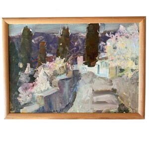Framed oil painting on primed cardboard depicting beautiful view on the mountains in Ukraine.