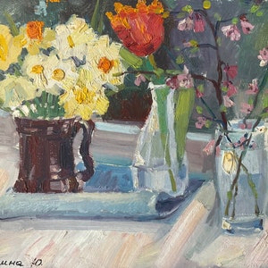 Pintura a óleo "Flores da primavera", a obra é escrita em papelão preparado, tamanho 50 x 39,5 cm, Ucrânia, 2021, Yuliia Klishyna (1989).