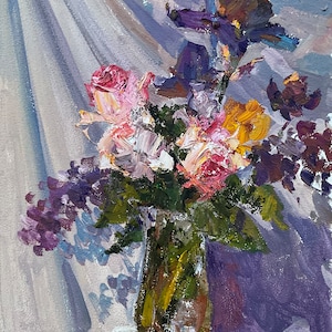 Pintura a óleo "Beleza das flores de verão", a obra é escrita em papelão tamanho 30 x 40 cm, Ucrânia, 2024, Yuliia Klishyna (1989).