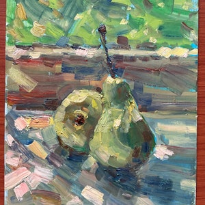 Pintura a óleo "Pêras", pintada sobre papelão, tamanho 25,5 x 20 cm, Ucrânia 2022, Yuliia Klishyna (1989).