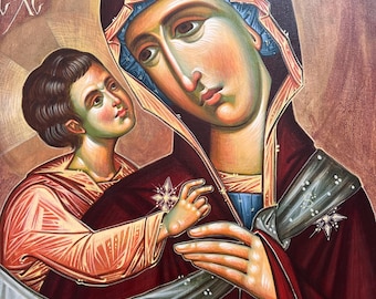 Icon of the Virgin Mary and Child Jesus, canvas, egg tempera, 40x70 cm. Ukraine,2025.