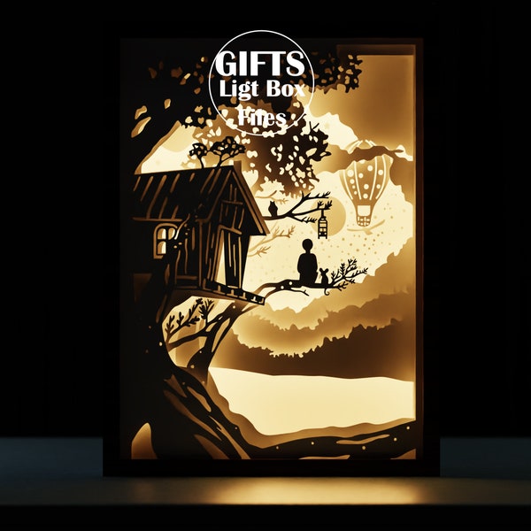 Light Box, Boy sitting on tree, Paper Cut Light Box, shadow box Template Files, Love Shadow Box Paper Cut, 3D Paper cut Light Box SVG File