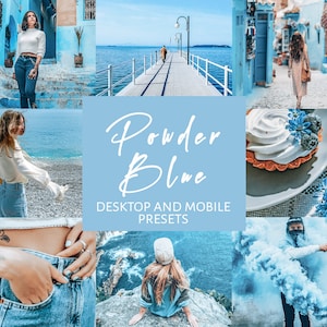 May include: A collection of photos showcasing a light blue color filter preset for digital photos. The photos feature a variety of subjects, including people, landscapes, and food. The text "Powder Blue" is displayed in a white font on a light blue background.