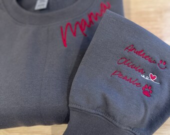 Custom Mama Embroidered Sweatshirt, Personalized Mom Hoodie With Kids Names Sleeve, Pregnancy Reveal Outfit, Birthday Gift, Mothers Day Gift