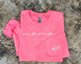 Custom Mama Embroidered Sweatshirt, Personalized Mom Hoodie With Kids Names Sleeve, Pregnancy Reveal Outfit, Birthday Gift, Mothers Day Gift