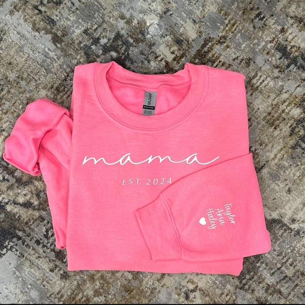 Custom Mama Embroidered Sweatshirt, Personalized Mom Hoodie With Kids Names Sleeve, Pregnancy Reveal Outfit, Birthday Gift, Mothers Day Gift