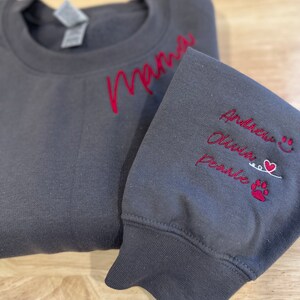 Custom Embroidered Mama Sweatshirt with Kids Name on Sleeve, Personalized Mom Sweatshirt, Minimalist Momma Sweater, Mothers Day Gift for Mom image 2