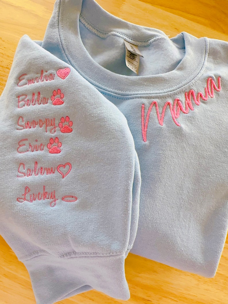 Custom Embroidered Mama Sweatshirt with Kids Name on Sleeve, Personalized Mom Sweatshirt, Minimalist Momma Sweater, Mothers Day Gift for Mom image 7