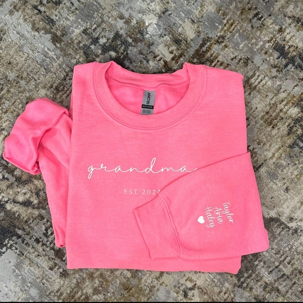 Custom Grandma Sweatshirt With Grandkids Names On Sleeve, Personalized Granny Hoodie, Gramma Outfit, Gigi Mimi Clothing, Mothers Day Gifts