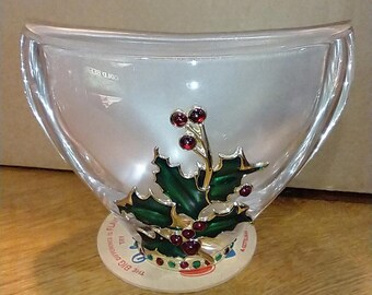 Teleflora Lead Crystal Christmas Candy Bowl Vase 24% Bohemian Crystal
