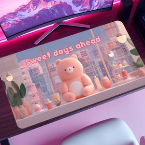 Pastel Kawaii Bear Desk Mat, Custom Text Mouse Pad with Boba Cafe Theme, Cozy Cute Desk Pad, Large Anime Style Gift for Girls or Students