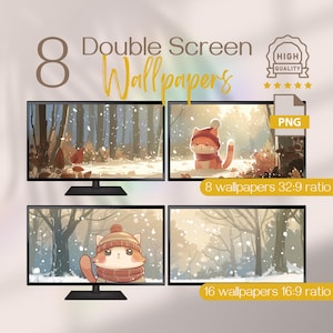 Kawaii röd katt vinterland PC dubbla skärmbakgrunder, söta snöiga skrivbordsbakgrunder för flera bildskärmar, utökad datordesign