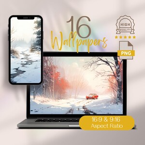 May include: A collection of 16 winter-themed wallpapers in PNG format. The image shows a snowy forest scene with a red car driving down a road. The text "16 Wallpapers" is displayed in a large font at the top of the image. The text "16:9 & 9:16 Aspect Ratio" is displayed at the bottom of the image.
