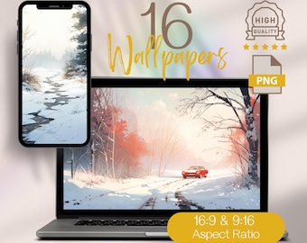 Może przedstawiać: Zbiór 16 zimowych tapet w formacie PNG. Obraz przedstawia zasneżony las z czerwonym samochodem jadącym drogą. Tekst "16 Wallpapers" jest wyświetlany dużą czcionką u góry obrazu. Tekst "16:9 & 9:16 Aspect Ratio" jest wyświetlany na dole obrazu.