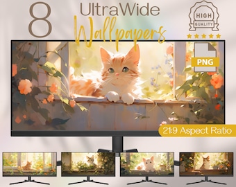 Cat & Plants Ultrawide Wallpapers, Whimsical Widescreen 3440x1440 Wallpapers Format, Cute Ultrawide Monitor Background, 4k Wallpaper Desktop