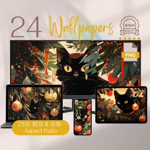 May include: Digital wallpapers featuring a black cat with yellow eyes, surrounded by festive holiday decorations. The image is displayed on a variety of devices, including a monitor, laptop, tablet, and phone. The text reads "24 Wallpapers", "High Quality", and "PNG". Aspect ratios are 21:9, 16:9 & 9:16.