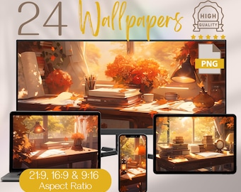 Herbst Anime Wallpaper Pack, Studio Gemütliche Herbstästhetik für Bücherliebende, ultraweite Laptop-Hintergründe, hohe Auflösung für Computer, Telefon