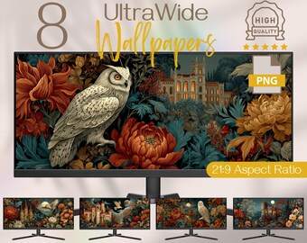 Castlecore Ultrawide Wallpapers, Amber & Forest Castle By Moonlight, Owl, Peonies and Vintage William Morris Style PNG Desktop Backgrounds