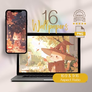 Halloween Adorable Kawaii Cat Aesthetic Designs for Cozy Fall Desktop & Autumn Phone Backgrounds, Cute Red Cat and Halloween Fun Wallpapers
