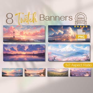 May include: Eight Twitch banners with landscape art, including a lighthouse at sunset, a city skyline, a lake at dusk, and a mountain with cherry blossoms. The banners are in a 5:2 aspect ratio and are high quality PNG files.
