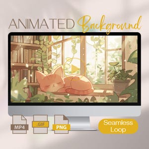 Cute Cat Motion Background Animated, Library with Plants PC Moving Picture Wallpaper, Downloadable GIF, Screensaver for Book and Pet Lovers