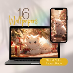 Christmas Cute Cat Wallpaper, Christmas Phone Wallpaper, Kawaii Cat Computer Wallpaper, Cute Desktop Wallpaper, Christmas Desktop Wallpaper
