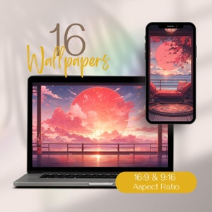May include: A digital illustration of a red moon over a body of water with a wooden deck and a small building in the background. The image is displayed on a laptop screen and a smartphone. The text "16 Wallpapers" and "16:9 & 9:16 Aspect Ratio" are also visible.