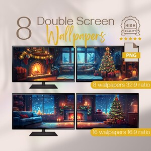 Anime Festive Fireplace Retreat dubbla skärmbakgrunder, HD-julbakgrunder för två skärmar, Super Ultrawide julskärm