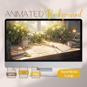 May include: Animated background featuring a desk with papers, a pencil, a cup, a lamp, and plants in a room with a window. The background is a seamless loop.