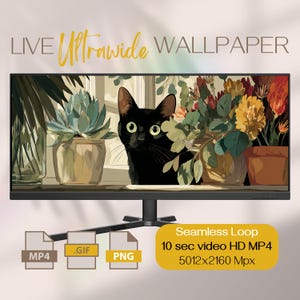 May include: A computer monitor displays a digital illustration of a black cat amongst potted plants. Text on the screen reads "LIVE Ultrawide WALLPAPER". Below the monitor are file type icons for MP4, GIF, and PNG.