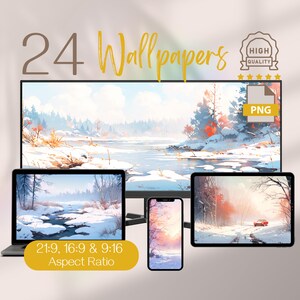 May include: A set of 24 winter-themed wallpapers in various aspect ratios, including 21:9, 16:9, and 9:16. The wallpapers feature a snowy landscape with a frozen lake, trees, and a red car driving on a snowy road. The text "24 Wallpapers" and "21:9, 16:9 & 9:16 Aspect Ratio" is displayed on the image.