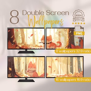 Höstlandskap med dubbla bildskärmar, bedårande söt röd katt med höstmotiv, perfekt för höstestetisk inredning och mysig present till kattälskare