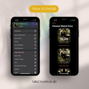 May include: A screenshot of an iPhone showing how to install a watch face. The screen on the left shows the options to copy, save, or share a photo. The screen on the right shows two different watch faces with a black cat and green plants. The text on the screen says "Choose Watch Face".