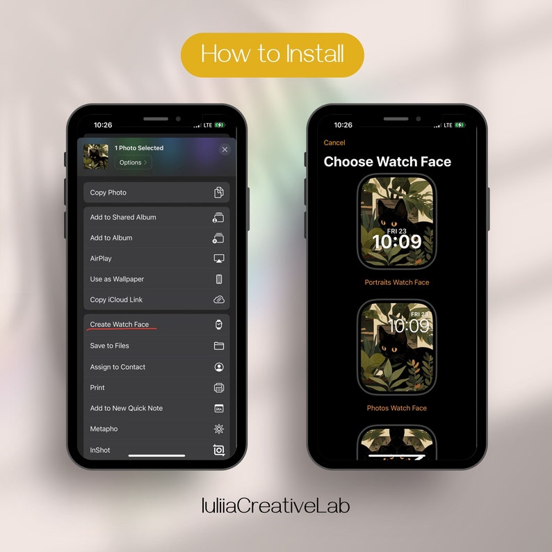 May include: A screenshot of an iPhone showing how to install a watch face. The screen on the left shows the options to copy, save, or share a photo. The screen on the right shows two different watch faces with a black cat and green plants. The text on the screen says "Choose Watch Face".