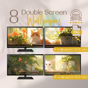 Dual Monitor HD Wallpaper, Cat and Plants Desktop Background, High Resolution Dual Screen Setup Ultrawide Wallpaper, Perfect for Home Office