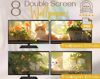 Papier peint HD double écran, fond d'écran chat et plantes, papier peint ultra large haute résolution sur deux écrans, parfait pour le bureau à domicile