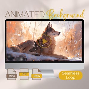 May include: Animated background featuring a wolf lying in a snowy forest with a sunbeam shining through the trees. The background is a seamless loop available in MP4, GIF, and PNG formats.